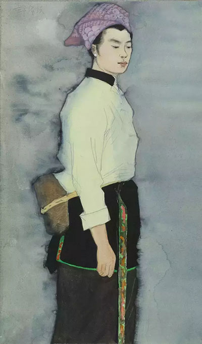 《芒市傣族青年》 水墨、水彩 38X22.5cm 1976年